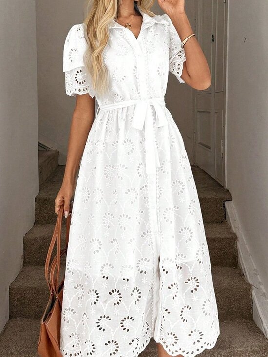 Dresses & Skirts - White Boho Women's Casual Embroidered Collar Dress